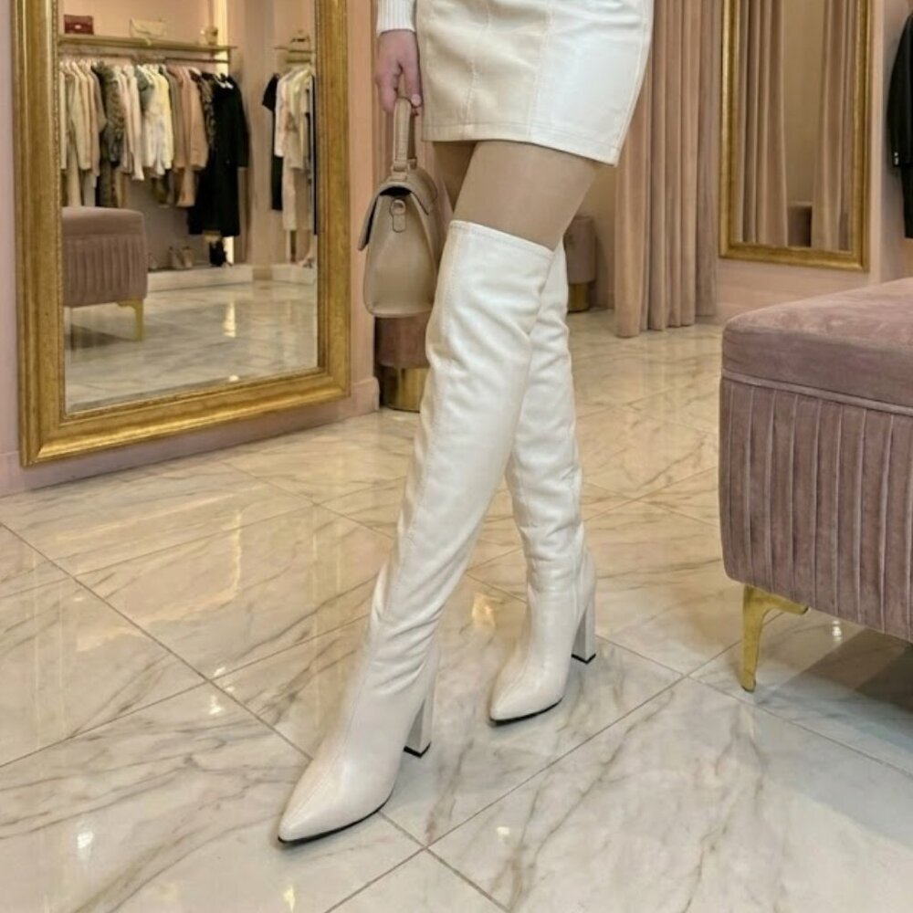 NWT Bamboo White Thigh High Boots 🤍 4.5” Block Heel Slouchy Over The Knee OTK - Picture 2 of 6